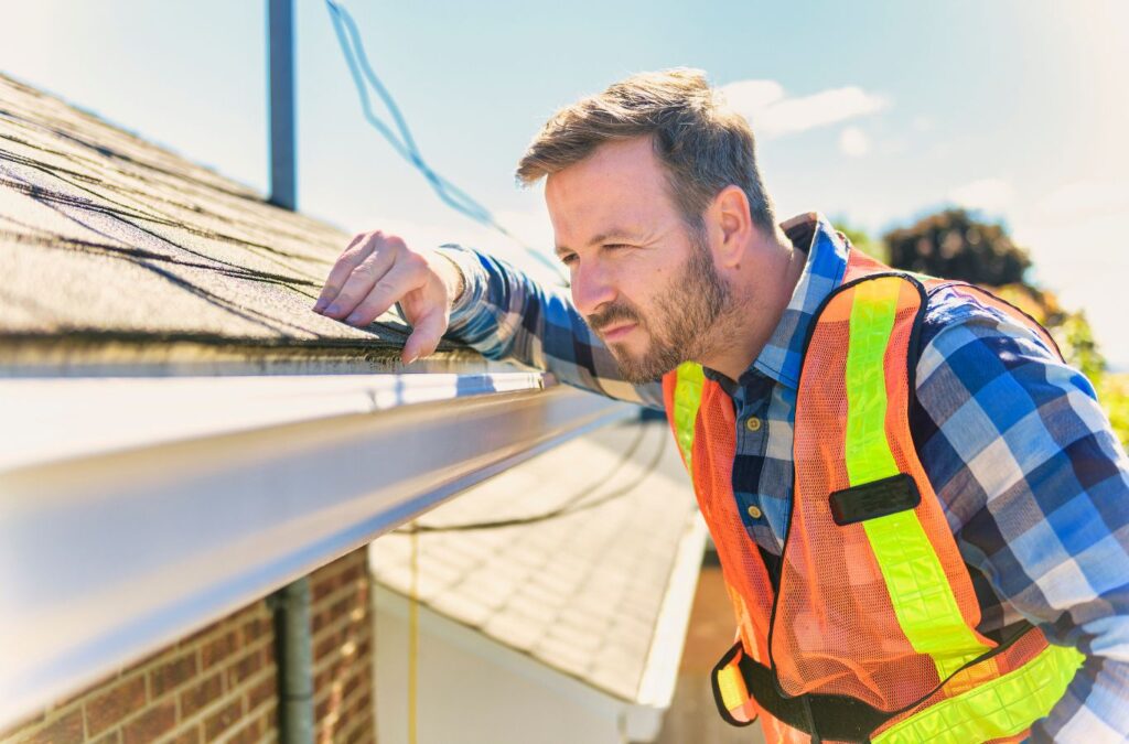 A Strive Roofing & Construction technician performing roof inspection in Kingwood, TX with expert tools and techniques for safety and roof performance.