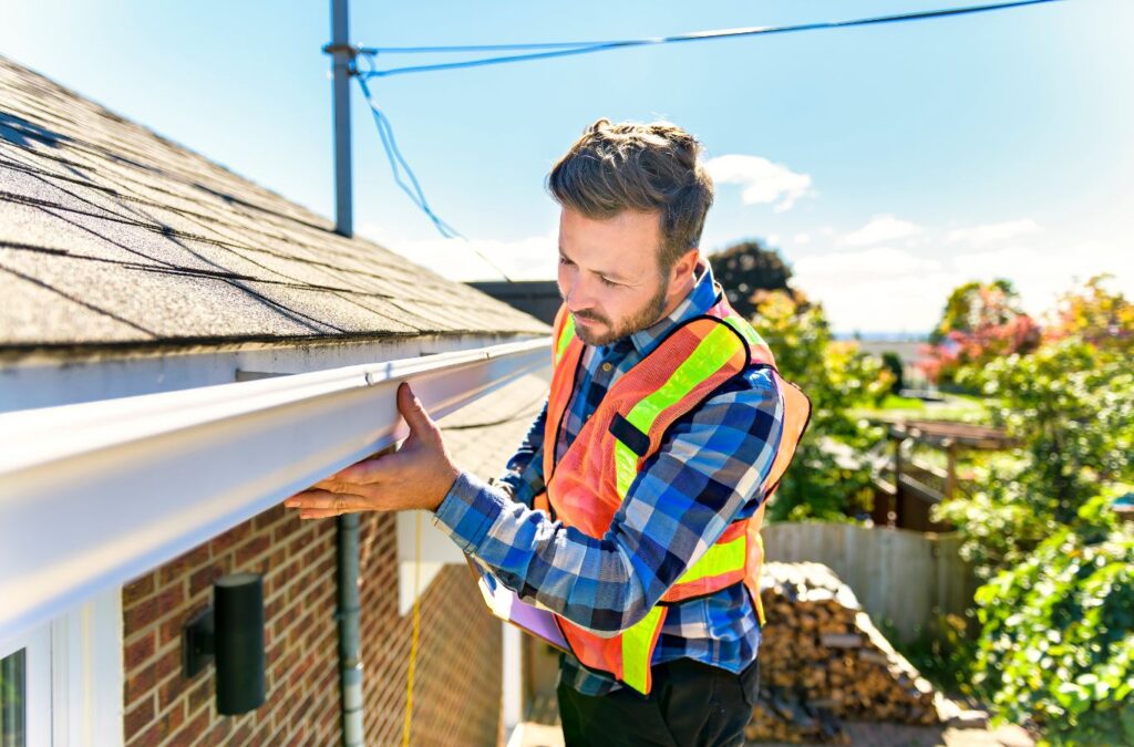 A Strive Roofing & Construction inspector conducting a thorough roof inspection in The Woodlands, TX using precision tools to assess roofing integrity.