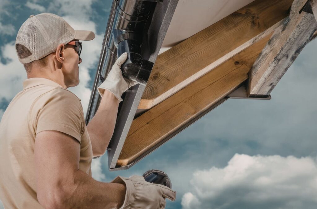 Strive Roofing & Construction expert installing gutters in Spring, TX ensuring durability and trusted service. Gutter Installation Near Me